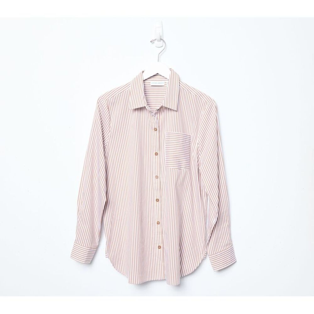 Susan Graver Women's Top Plus Sz 2X Yarn Dyed Woven Poplin Shirt Pink A703228
